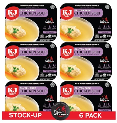 KJ Poultry Kosher for Passover Gluten Free Meals, Chicken Soup with Non Gebrokts Matzo Balls, Halal, (6 Pack) Prepared Entree Fully Cooked, Shelf Stable Microwave Dinner, Travel Military Camping