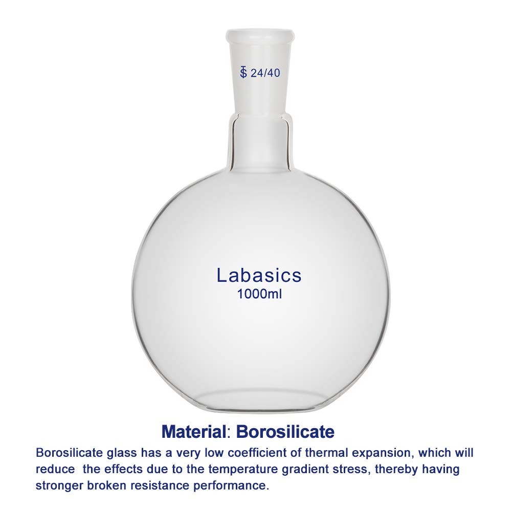 Labasics Verre 1000ml Ballon à Fond Plat avec col Unique, Single Neck Flat Bottom Boiling Flask Ballon D'ébullition avec Joint Extérieur Standard 24/40 (1000ml)