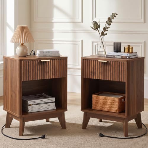 Image of LYNCOHOME 17.7 inch Tall Nightstand with Charging Station,Set of 2, Walnut