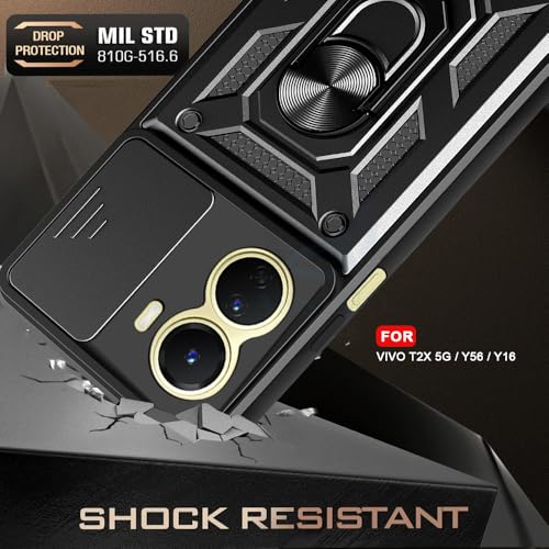 Image of AESTMO Polycarbonate Tough Armor Vivo T2X 5G /Y56 5G /Y16 Bumper Back Case Cover|Ring Holder&Sliding Camera Shield Cover|360 Degree Protection Back Case Cover for Vivo T2X 5G /Y56 5G /Y16(Black)