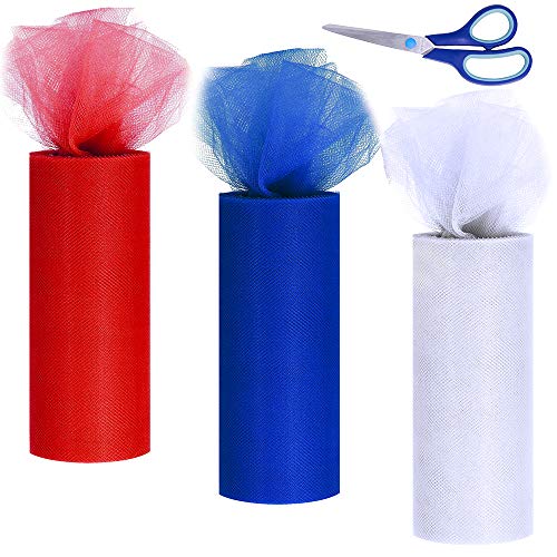 Supla 3 Colors Patriotic Tulle Rolls Red White Blue Tulle Fabric Ribbon Tulle Netting Rolls Spool - 6" by 25 Yards/Spool for 4th of July Wreath Patriotic Crafts Hair Accessories Bows Party Table Skirt