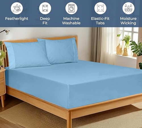 Image of Royale Linens 100% Organic Cotton Fitted Sheet - Percale Weave - Super Soft Deep Pocket Bottom Sheets - Lake Blue Elastic Sheet Twin Size - Twin Fitted Sheets Only - (39 inchx75 inch+15 inch, Lake Blue)