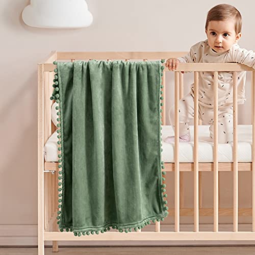 Miulee Fleece Baby Blanket With Pompom Tassel For Boys, Girls, Kids, Infant, Newborn Soft Flannel Cozy Throw Blanket Fuzzy Plush Warm Boho Decor For Crib Stroller Nap 30"X40" Sage Green #TOP1