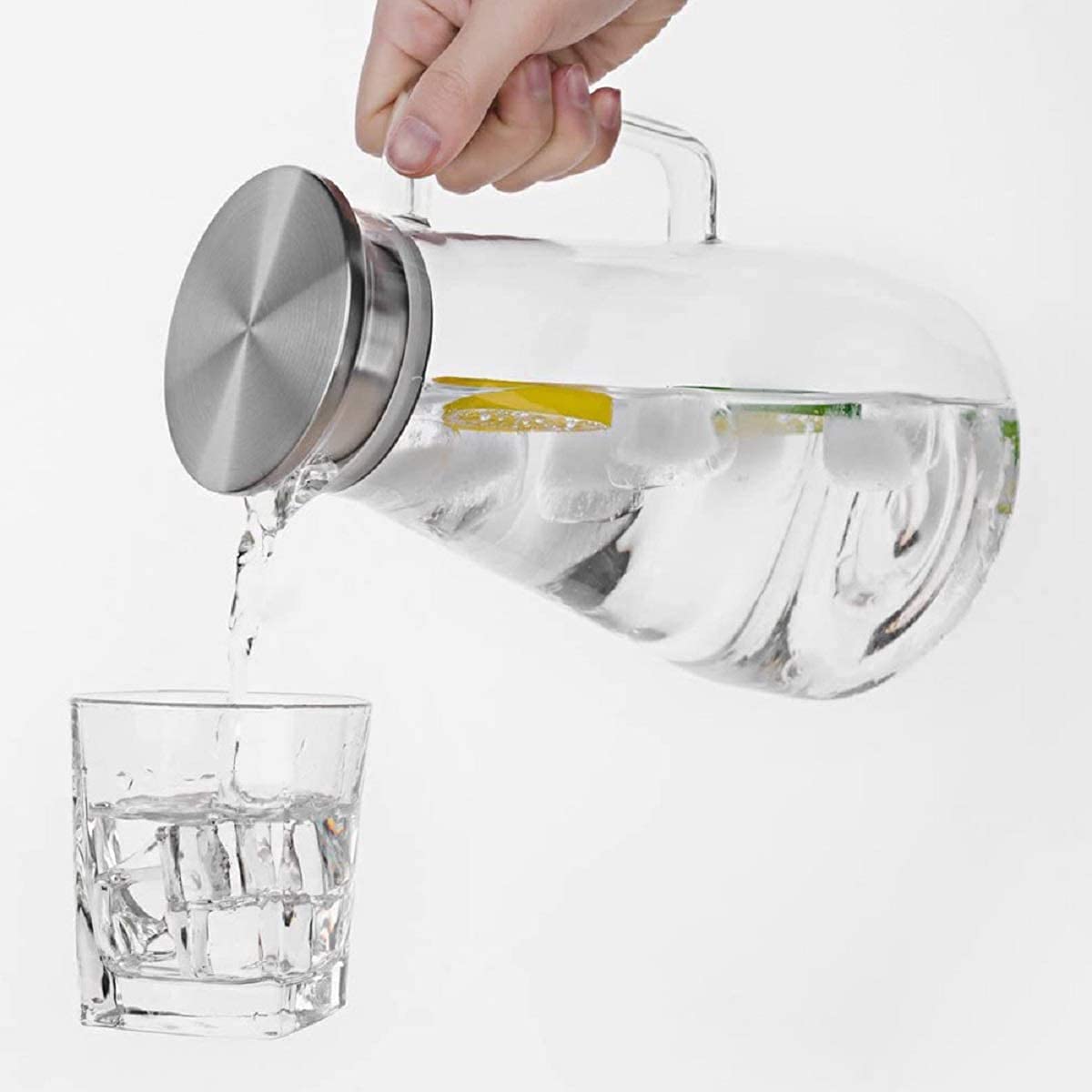Amishaine Transparent Glass jug Pitcher with Stainless Steel lid and Handle 1 Piece 1.8 Liter Capacity for Serving Water Beverages iced Tea juices Cocktails and Milk at Home Kitchen or Dining Table 2