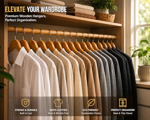 Image of Funster Wooden Hangers for Clothes - Premium Solid Wood Coat Hangers, Durable Anti-Slip Notches, Heavy Duty Clothes Hanger Set for Wardrobe, Shirts, Suits, Dresses (Pack of 12, Brown)