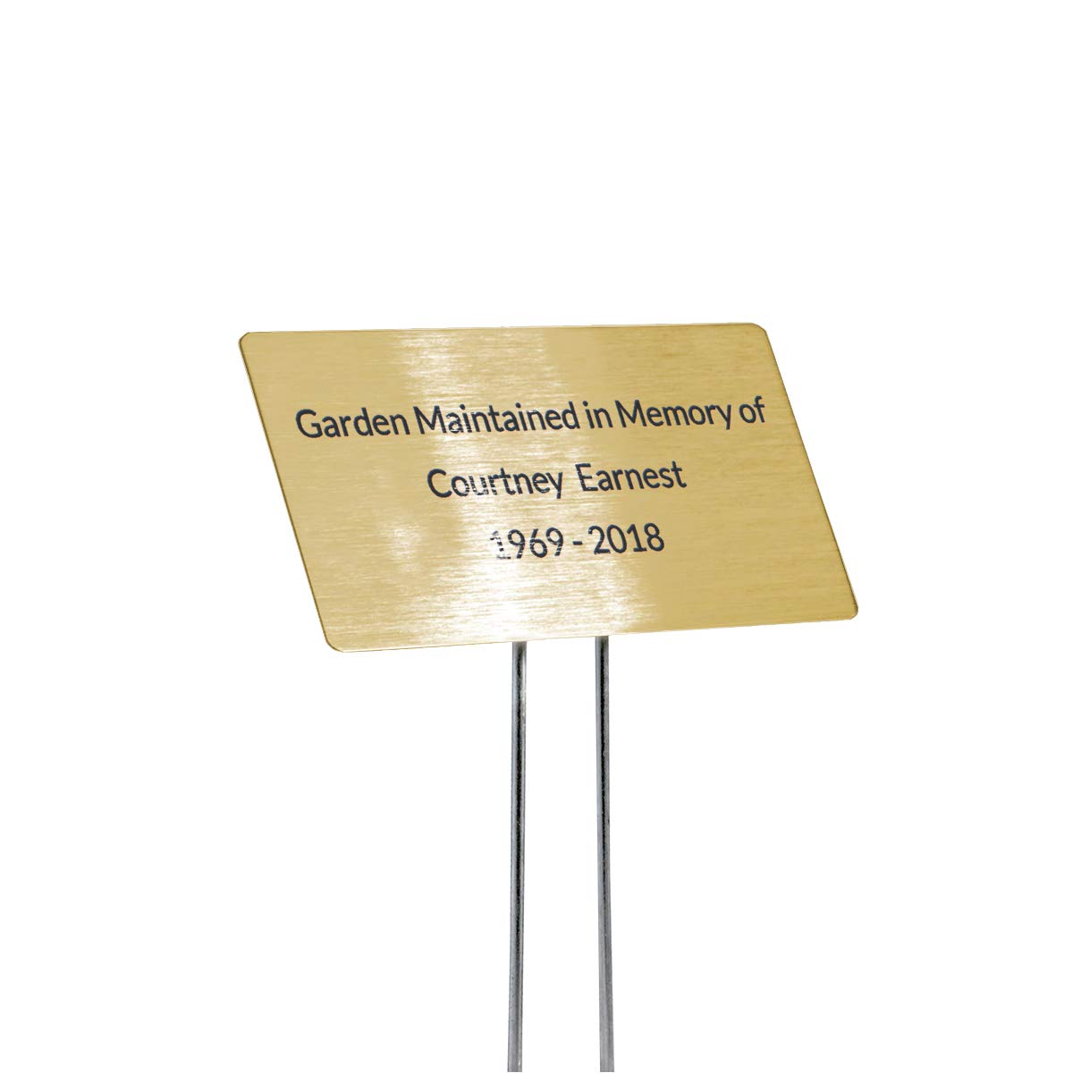 Outdoor Metal Garden Sign, Label, or Memorial. 4 x 2" or 6 x 4" sign with rounded corners and a 10" stake. Materials Include: Stainless Steel, Brass,