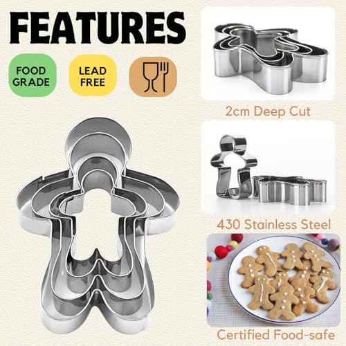 PTaizjjz Gingerbread Cookie Cutter Set,4 Pieces Stainless Steel Assorted Sizes Gingerbread Man Cookie Cutters Fondant Biscuit Mold for DIY Chirstmas Day Holiday Party Decorations - Image 3