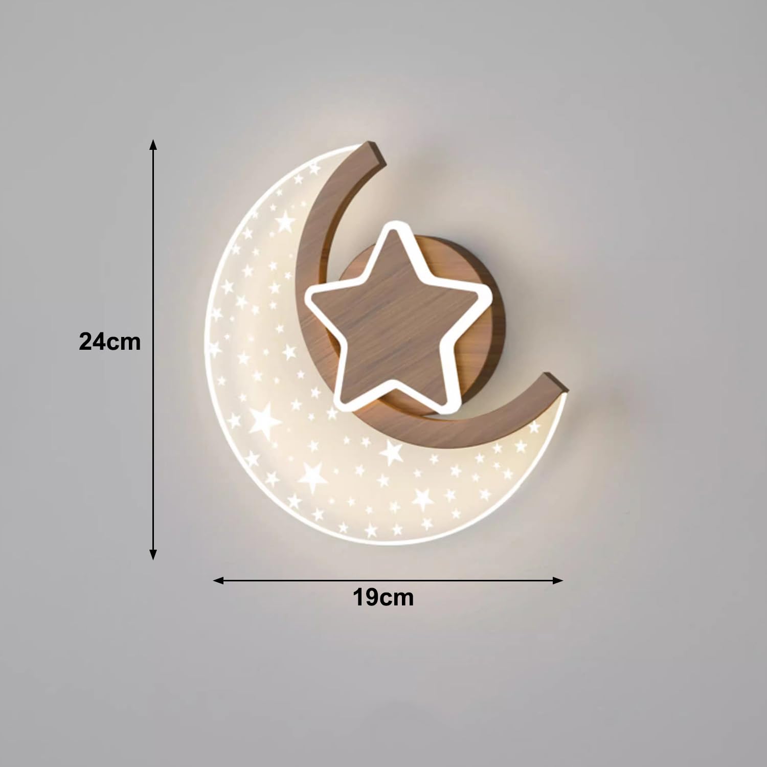 EOEO LED Mond Stern Wandleuchte Innen 12W Kinderzimmer Wandlampe aus Aluminium in Holzoptik 3000K/4000K/6000K Wand Nachttischlampe Junge Mädchen Kinder Wandbeleuchtung für Schlafzimmer Babyzimmer
