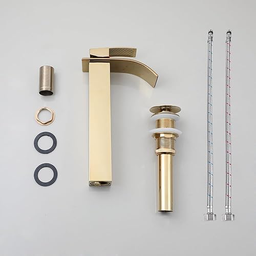 Miniatura 6 de KECTIAKL Fregadero de baño de 23 pulgadas, cuenco de fregadero de cerámica dorada, fregadero de baño ovalado sobre encimera con grifo de cascada y