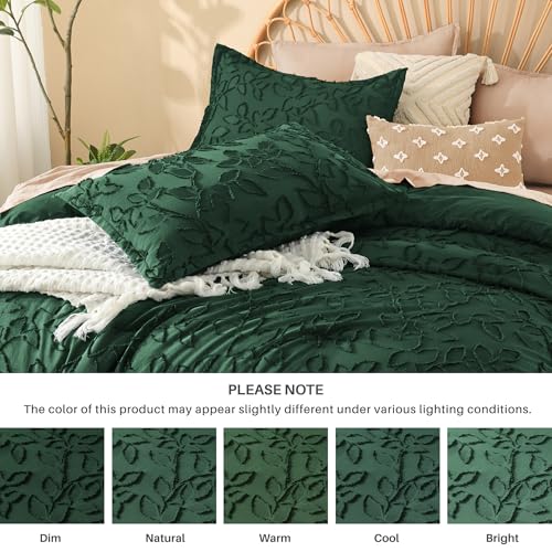 Image of Litanika Queen Size Comforter Set Emerald Green, 3 Piece Dark Green Boho Tufted Bedding, Forest Green Fluffy Farmhouse Bed Set for All Season with 2 Leaf Pattern Pillowcases(90x90In)