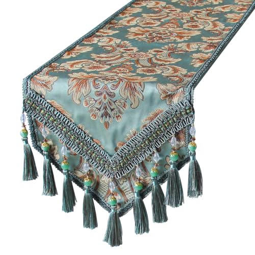 Kilofly KTW400BLUS156 Elegant Floral Brocade Jacquard Table Runner Tassels cover
