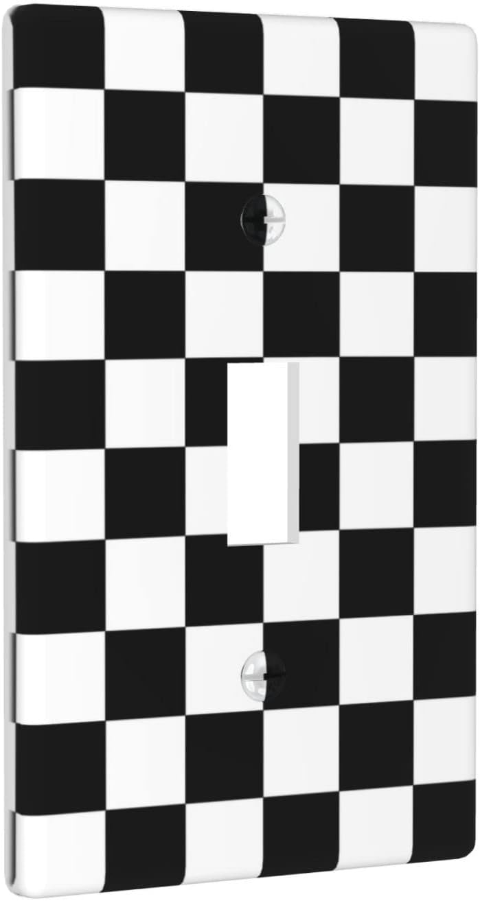 Single Gang Toggle Light Switch Plate Black Checkered Decor, Standard Size 1-Gang 4.50" x 2.76"