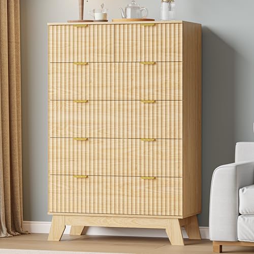Image of Oak Dresser 6 Drawer Dresser for Bedroom, 46 inch Tall Fluted Wooden Dresser Storage Cabinet and Chest of Drawers with Metal Handle, Storage Organizer for Living Room, Hallway, Entryway, Wood Color