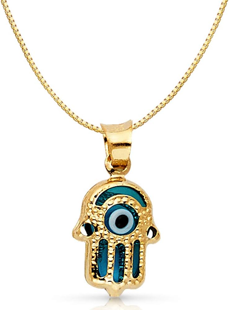 Ioka 14K Yellow Gold Evil Eye Hamsa Charm Pendant with 0.8mm Box Chain Necklace