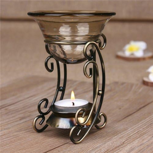AUCH Vintage Bronze Metal Tealight Candle Holder with Tawny Glass Fragrant Oil Warmer, Great Gift Item