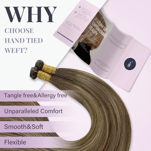 Fshine Human Hair Hand Tied Weft Extensions 50g 16Inch Human Hair Weft Balayage Dark Brown Highlights Platinum Blonde Straight Human Hair Weft Extensions Sew - Image 3
