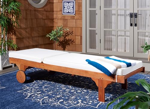 Image of SAFAVIEH Outdoor Collection Newport Natural / Beige Cushion Built-in Side Table Adjustable Chaise Lounge Chair