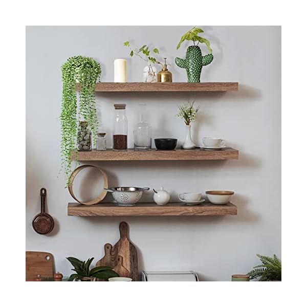 Floating Shelves, Solid Wood Shelf Set of 3, Rustic Wood Shelves Solid Wood Durable Natural Floating Shelves Bracket Wall Shelves Decoration for Kitchen Bedroom Living Bathroom Study room Brown