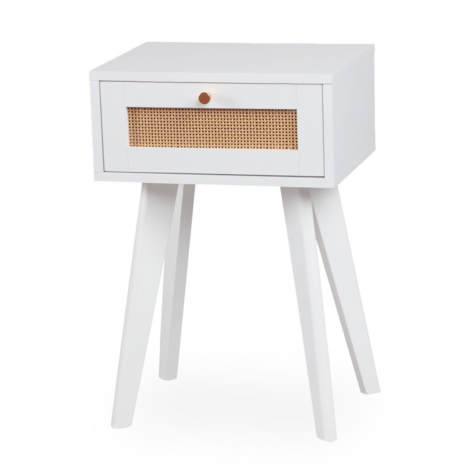 Menzzo Table de Chevet DALGORA 1 tiroir avec cannage – 40 cm – Meuble Chambre Blanc Moderne – Rangement Pratique