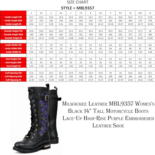 Milwaukee Leather Women's Black Leather 14-Inch Knee High Tall Motorcycle Boots Lace-Up w/Embroidery MBL9356 MBL93573
