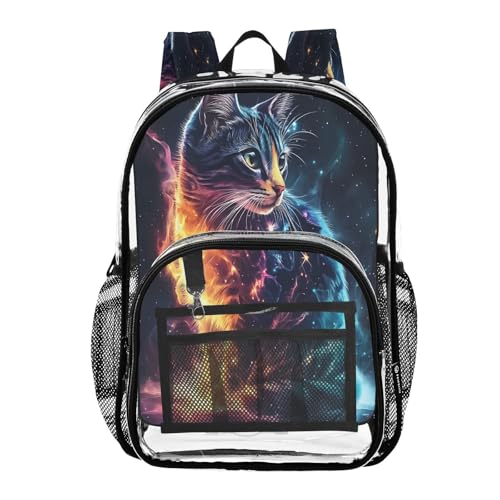 Space Starry Cat Clear Backpack Heavy Duty See Through Transparent PVC BookBag for Kids Boy Girl School Work