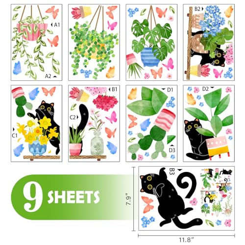 Mfault 115 PCS Spring Summer Potted Plant Black Cat Window Clings 9 Sheets, Bonsai Cactus Geranium Flower Wall Stickers Decal Decorations, Floral Succulent Botanical Living Room Home Kitchen Decor