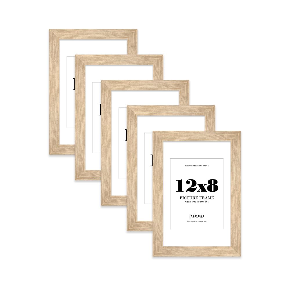 12x8" Oak Frame With Mount for 8x6" Pictures 28mm Edge Portrait and Landscape Display with Wall Hooks and Kickstand, 5 Pack — image 1