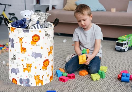 Image of Round Lion and Tiger Pattern Laundry Hamper Clothes Storage Basket Fabric Storage Hamper Organization Storage Bin, Nursery Box,Gift Basket with Handles