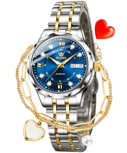 Image of OLEVS Women Watches Automatic Mechanical Set Casual Diamond Dress Ladies Self Winding Two Tone Wrist Watch Date