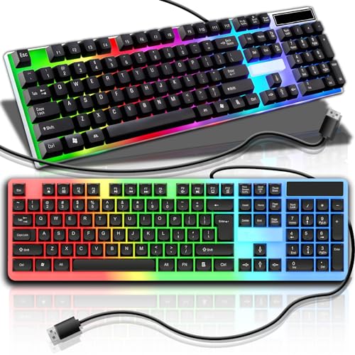 Retoo Teclado para Juegos con diodo LED RGB dinámico Membrana para Juegos ergonómica y Duradera Teclado QWERTY para PC Teclas Multimedia precisas y audibles Gaming 43,5 x 14,5 x 2,5 cm