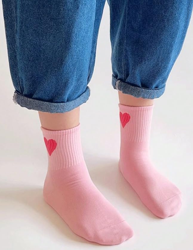 5 Pairs Girls Heart Pattern Socks, Pink Purple Green, Knitted Fabric, Autumn Spring Socks For Children Aged 3-162