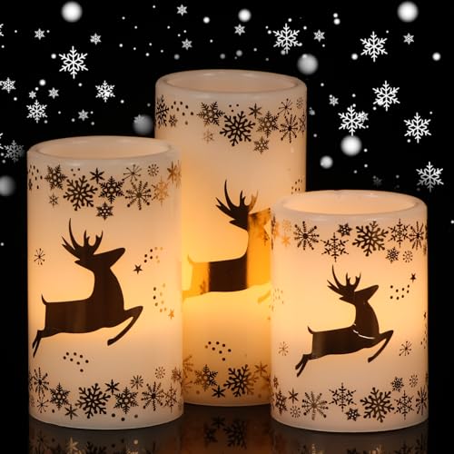 Image of Christmas Flameless Candles with 6H Timer, Real Wax LED Pillar Candles Flickering, Snowflake Golden Reindeer 3D Wick Candles for Home Decor Christmas Gifts, 3x4 /5 /6 inches