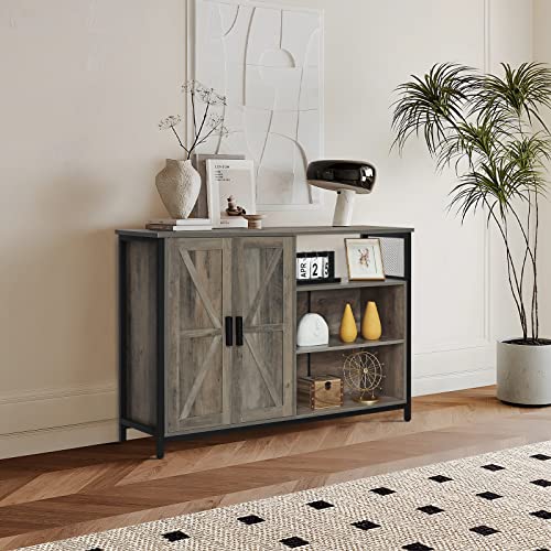 Weenfon Floor Storage Cabinet, Buffet Storage Cabinet With 2 Barn Doors, Industrial Sideboard With Adjustable Shelves, Buffet Table For Dining Room, Living Room, Kitchen, Rustic Oak #TOP3