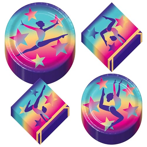 Gymnastics Party Supplies - Mix of Gymnast Paper Dinner Plates, Dessert Plates, Lunch Napkins, and Beverage Napkins in Teal, Pink, and Purple (32 Plates & Napkins)