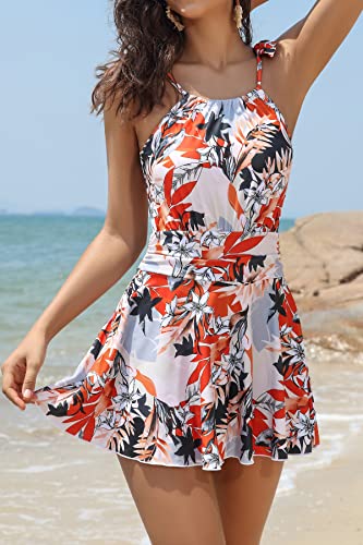 SHEKINI Women's High Neck One Piece Swimdress Floral Swim Dress Bandage Swim Skirt2