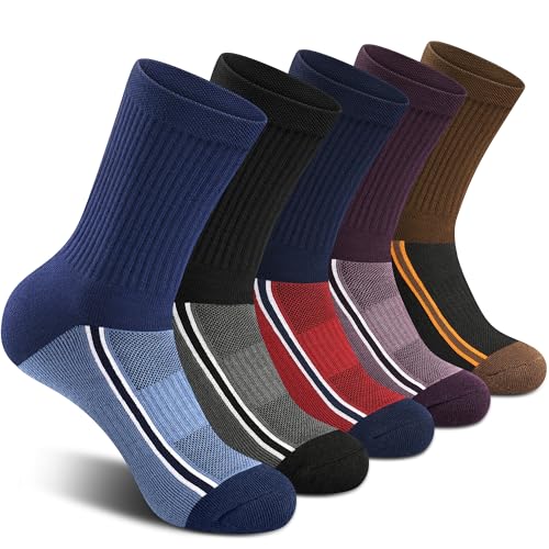 Gonii Men's Athletic Crew Socks 5-Pairs - Blister Defense & Cushioned for Running, Hiking, Sports
