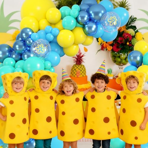 Image of Amandir 153pcs Blue and Yellow Balloons Arch Garland Kit Different Sizes | 18 12 10 5inch Teal Metallic Blue Yellow Flower Printed Clear Balloons for Cartoon Birthday Sea Theme Party Decorations