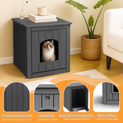 Image of Cat Litter Box Enclosure, Plastic Hidden Litter Box Side Table with Openable Front Door, Cat Box Enclosure Cabinet for Indoor & Outdoor Use, Weatherproof, Easy to Clean & Assemble, Black