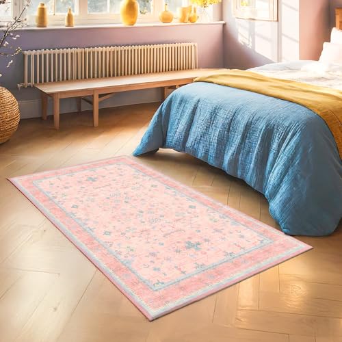 Image of Washable 3x5 Pink Rugs for Girls Bedroom Beside Bed, Nursery Rug, Soft Faux Wool Low Pile Non Slip Stain Resistance Carpet, Pink & Blue