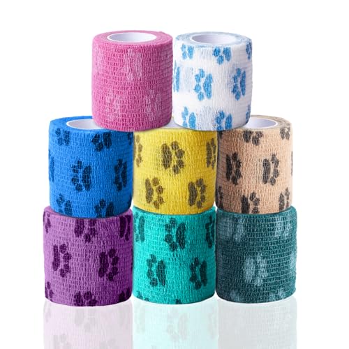 FriPuP Self-Adhesive Vet Bandage Wrap, First Aid Tape for Dogs, Horses Wound Paw Care, Elastic & Thick Support for Pet, FSA & HSA Eligible, Individually Wrapped, 2 Inch, 8 Rolls, Daybreak Paw