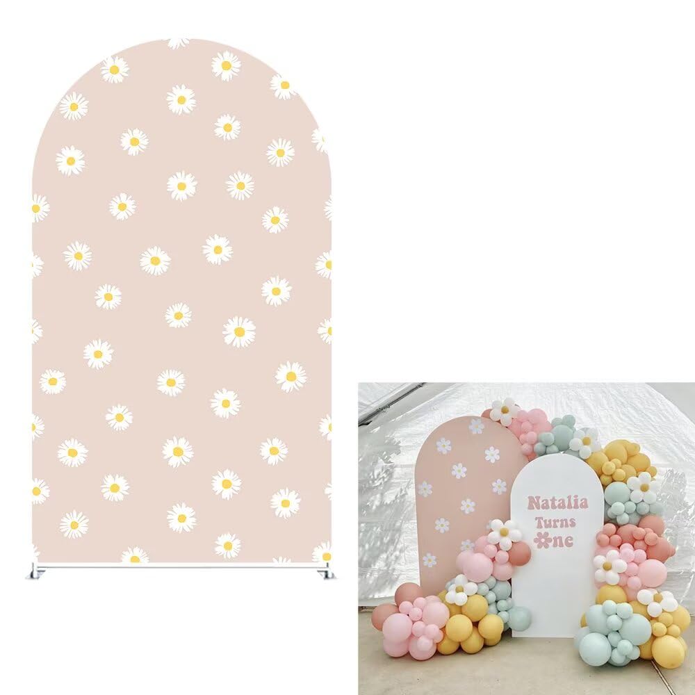 HISDH Arch Backdrop Covers Beige Daisy Floral Birthday Party Decorations Chiara Arched Photography Background Cover Kids Baby Shower Groovy Festa