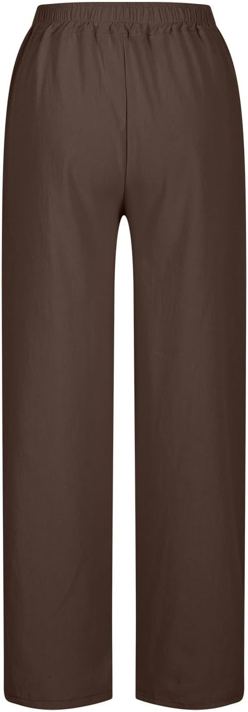 Womens Linen Pants Casual Lightweight Drawstring Elastic Waist Pants Loose Fit Split Hem Trousers with Pockets