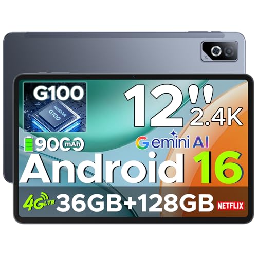 DOOGEE TAB G6 PRO Android 16 Tablet 12 Inch Android Tablets, 2.4K 90Hz, 36GB+128GB/2TB Tablet with Sim Card Slot, 9000mAh,Helio G100 Octa Core,4G LTE| 5G WiFi| 13MP+8MP| Face ID| BT 5.2| GPS
