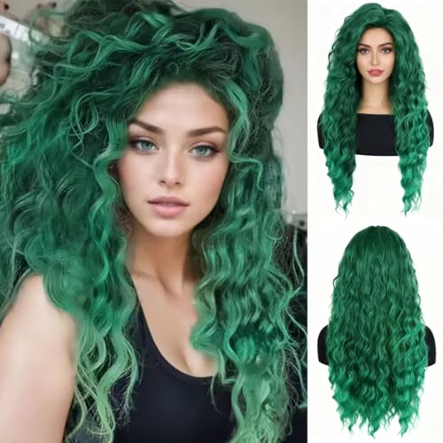 Daiaces Long Curly Wavy Green Wig for Women Natural Ombre Fluffy Synthetic Hair for Costume Cosplay Halloween Party