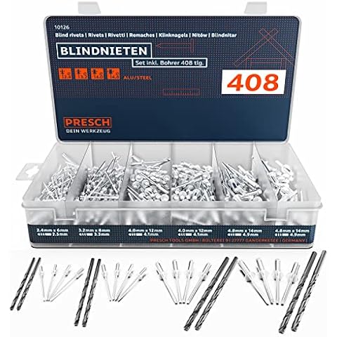 Presch Blindnieten Set 408tlg. inkl. 8 HSS Bohrern - 400 Alu/Stahl Nieten Sortiment 2,4mm, 3,2mm, 4,0mm und 4,8mm und 8 passende HSS Bohrer 2,5mm, 3,3mm, 4,1mm, 4,9mm Cover