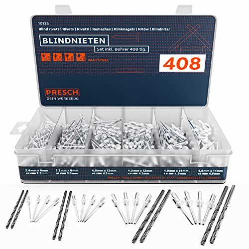 PRESCH Blindnieten Set 408tlg. inkl. 8 HSS Bohrern - 400 Alu/Stahl Nieten Sortiment 2 4mm 3 2mm 4 0mm und 4 8mm und 8 passende HSS Bohrer 2 5mm 3 3mm 4 1mm 4 9mm