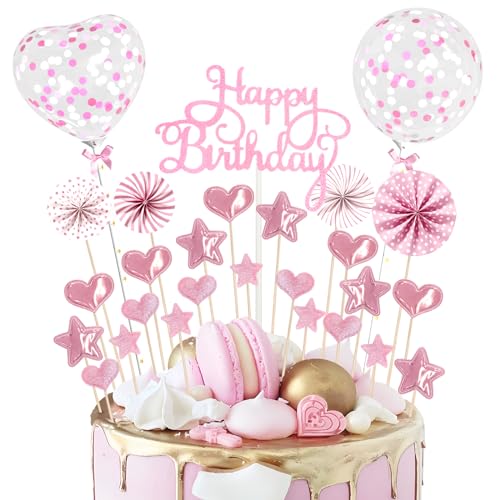 Teselife Happy Birthday Cake Toppers Kit Pink Theme Birthday Cake Topper Glitter Cupcake with Star Heart Paper Fans Confetti Balloon 28 pcs Romantic Topper for Women Girls Party Decorations