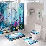 DDS-DUDES 4Pcs Dolphin Shower Curtain, Blue Ocean Undersea World Shower Curtains Sets, Coral Shower Curtains with 12Hooks, Polyester Fabric Waterproof Curtains for Bathroom Decor 71' x 71' (Dolphin)