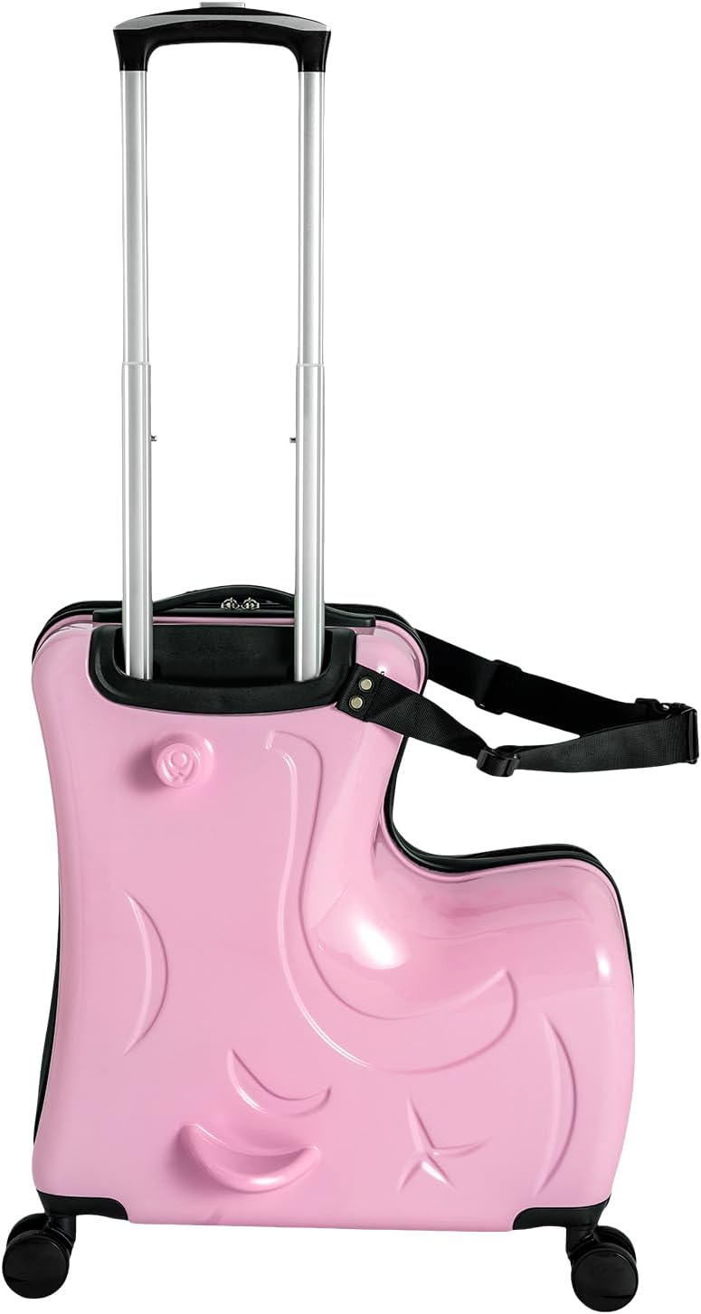 Carry-On Luggage with Comfortable Seating, Ride-On Suitcase for Kids, 20" Dual-Wheel Travel Bag with 3-Digit Lock, Adjustable Pull Rod Horse Shaped Suitcase (Pink)