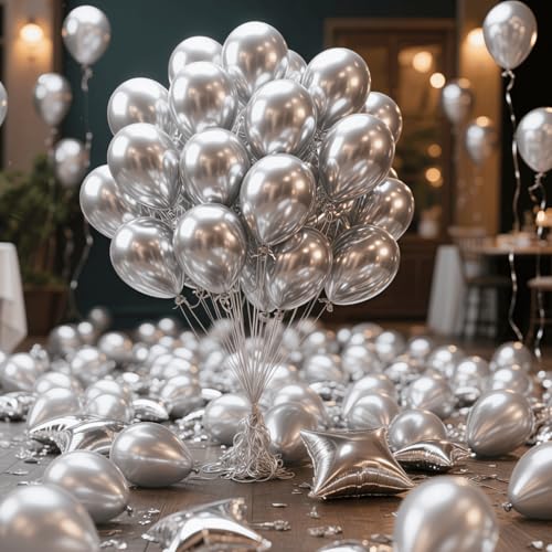 Image of 300 Pcs Metallic Silver Balloons 12 Inch Silver Chrome Balloon for Wedding, Birthday, Baby Shower Party Decorations